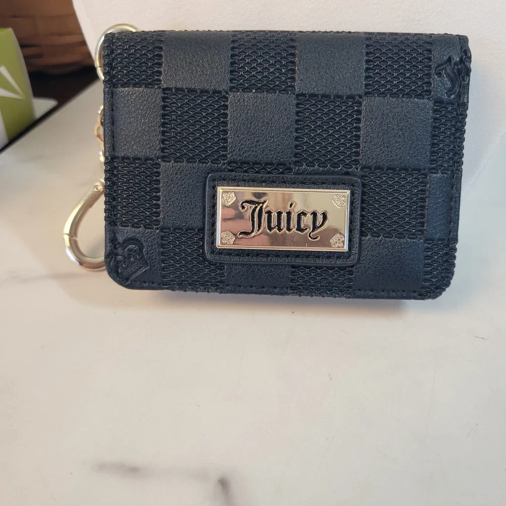 Juicy Couture Card Holder Wallet Black Checkerboard Bifold Keychain Gold Logo